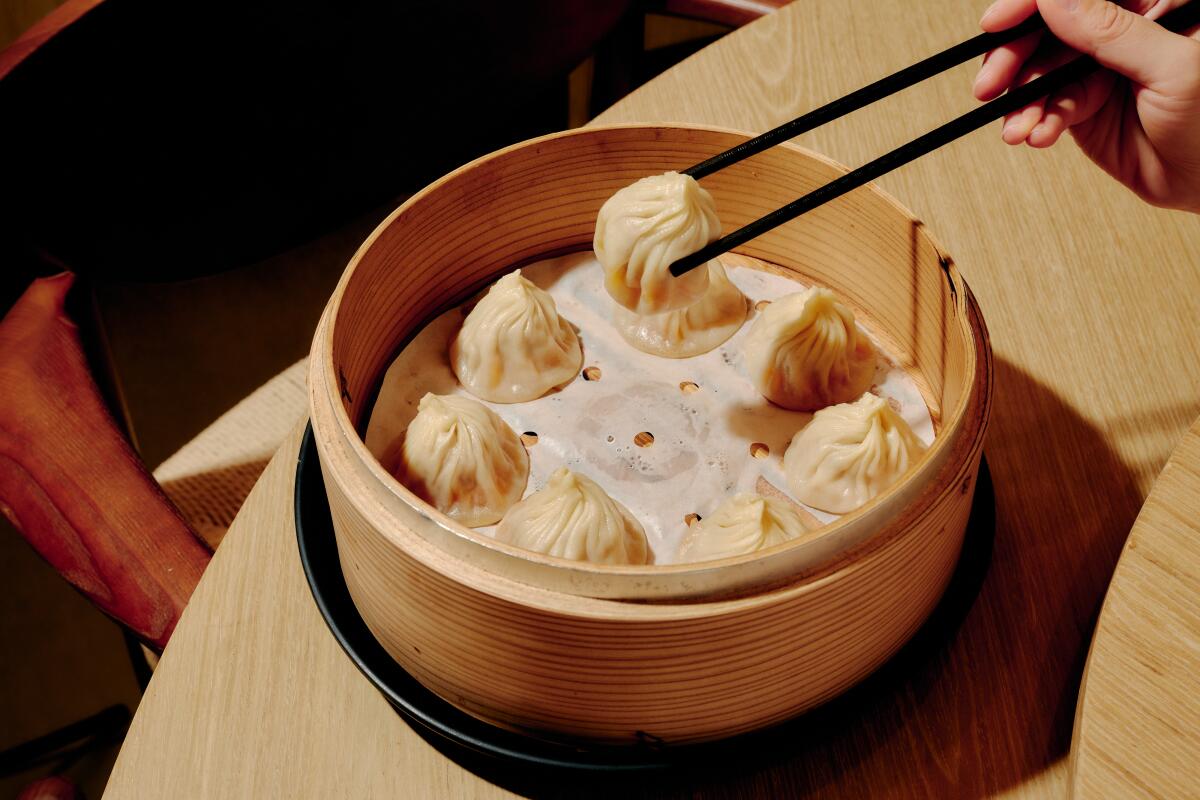 Dumplings in a container with chopsticks holding up one of them.