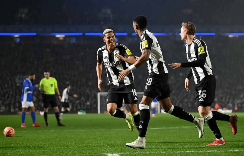 Three soccer players celebrating a goal.