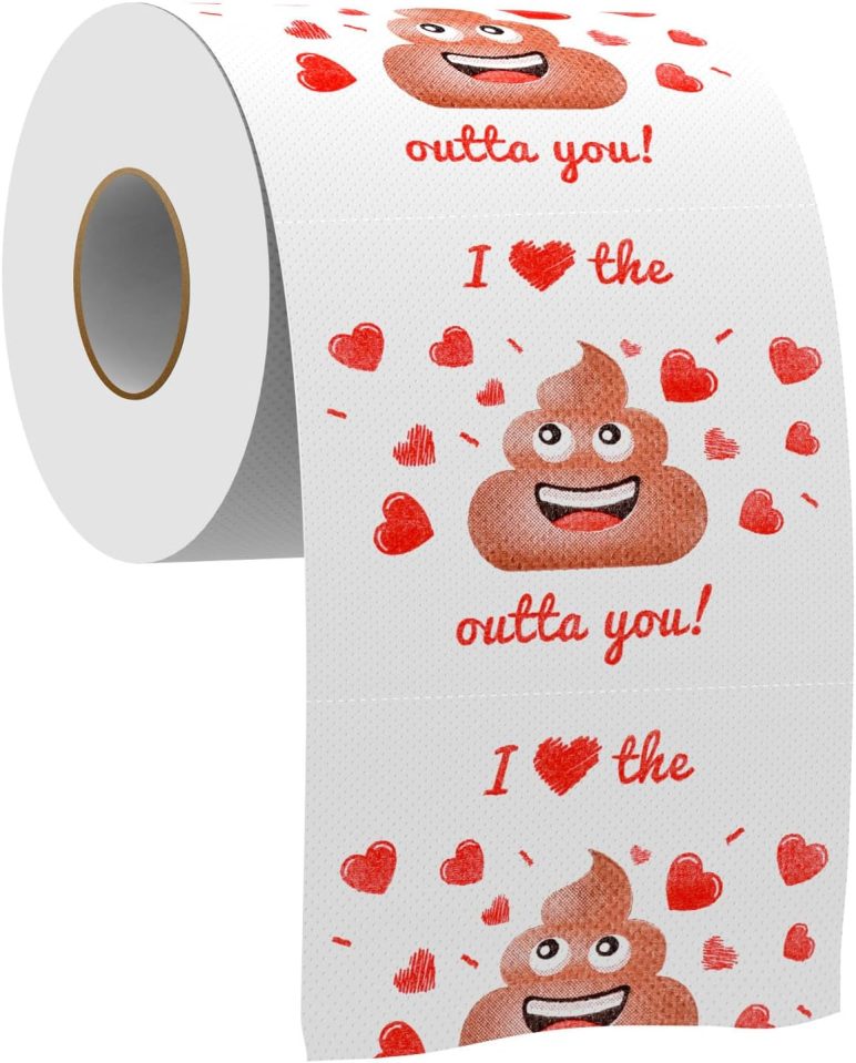 Toilet paper roll with poop emoji and "I heart the outta you!" design.