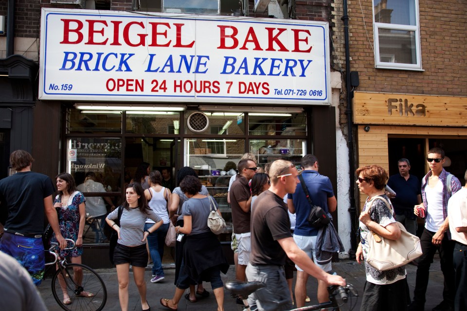 People waiting outside Beigel Bake Brick Lane Bakery.