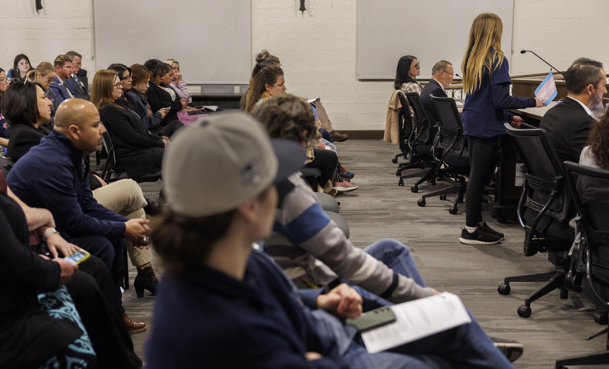 A teenager stands to address a meeting.