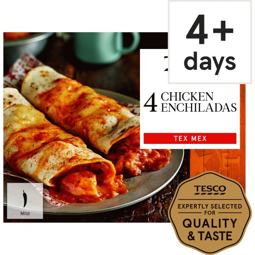 Four chicken enchiladas, Tex-Mex, mild.