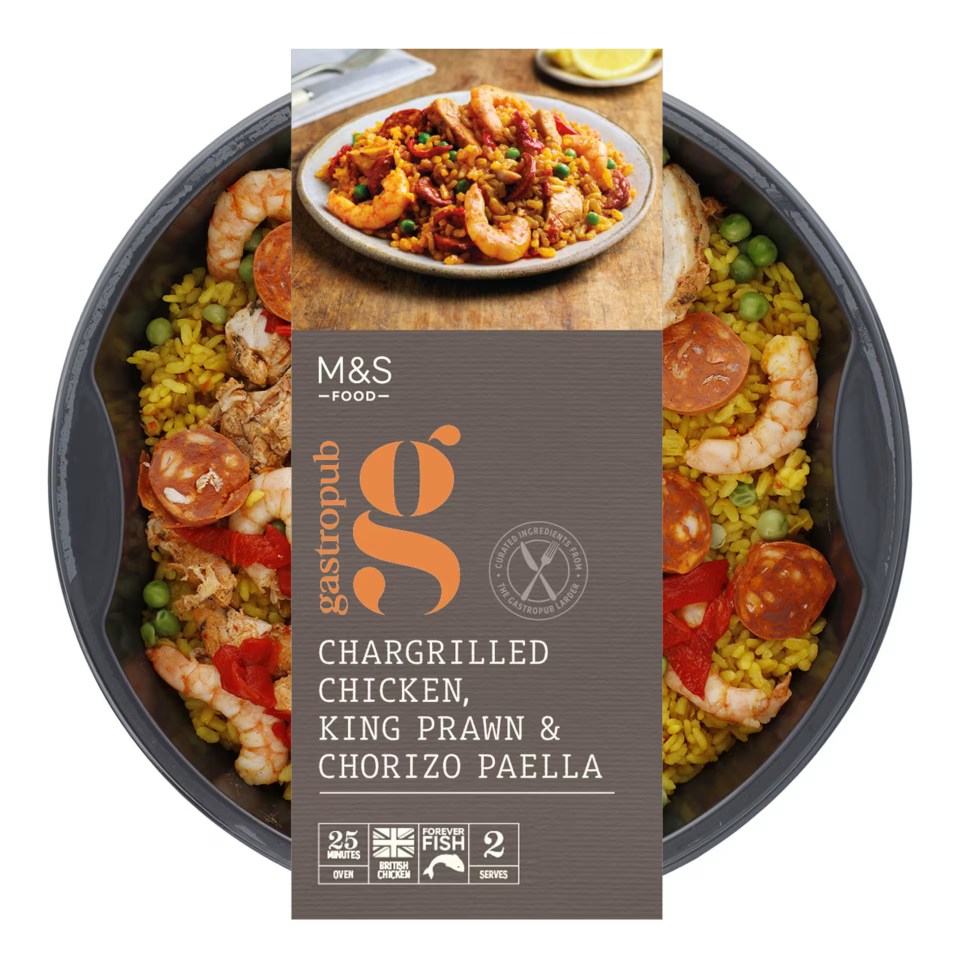 Char-grilled chicken, king prawn & chorizo paella in a ready-to-eat container.