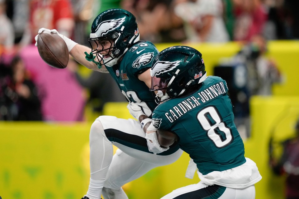 Philadelphia Eagles players celebrating a touchdown.