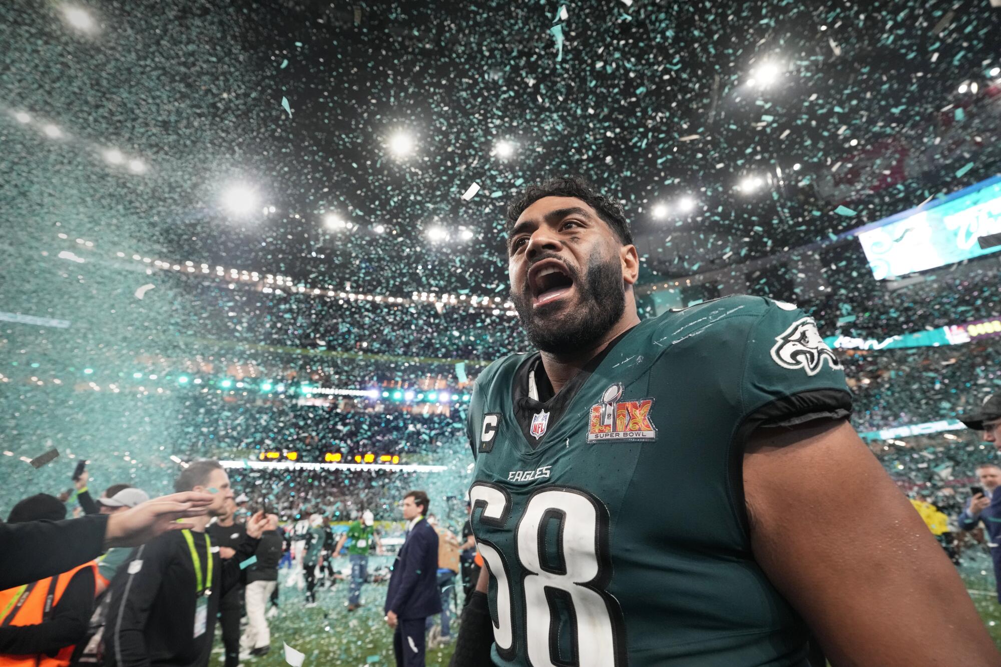 Philadelphia Eagles offensive tackle Jordan Mailata celebrates after a win over the Kansas City Chiefs.