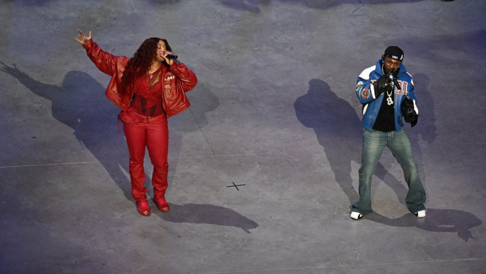 Kendrick Lamar and SZA performing at the Super Bowl LIX Halftime Show.