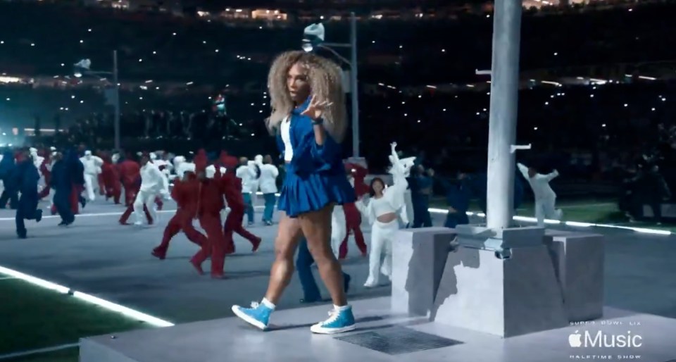 Serena Williams as a back-up dancer during the Super Bowl LVII halftime show.