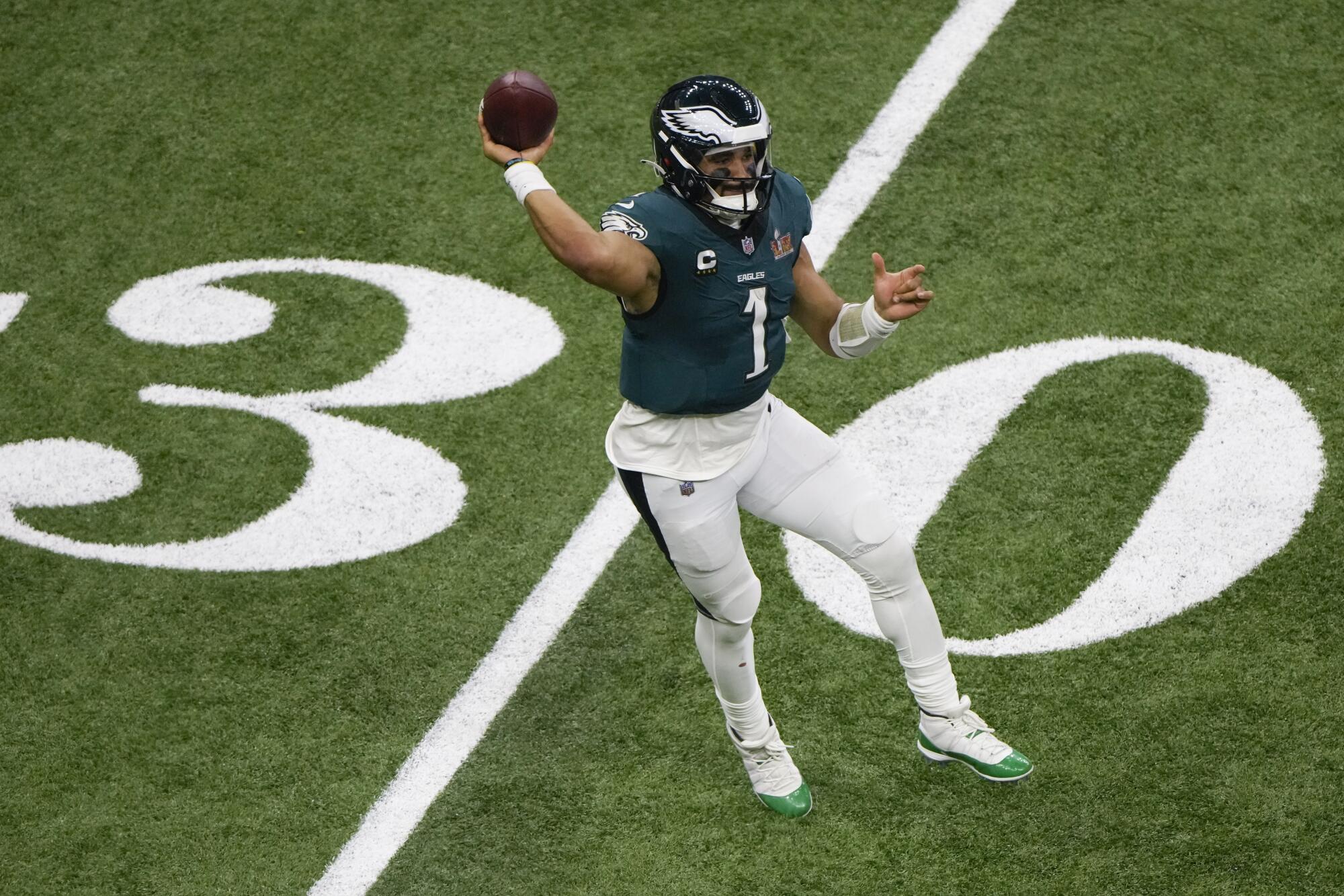 Philadelphia Eagles quarterback Jalen Hurts passes against the Kansas City Chiefs.