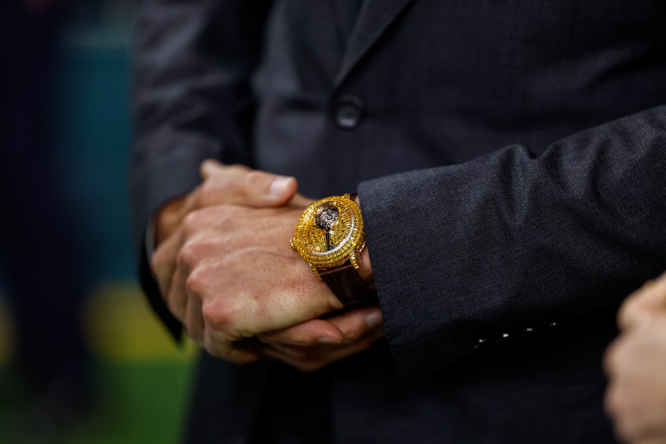 Close-up of Tom Brady's jeweled watch.