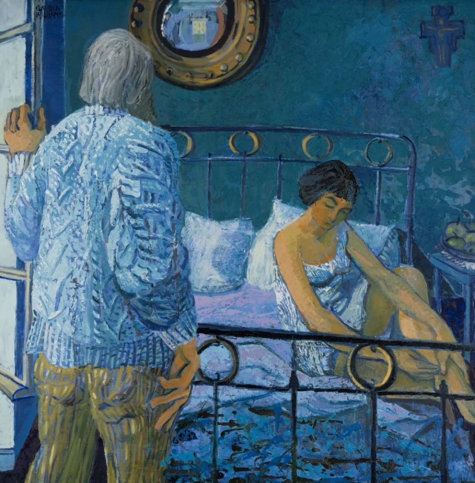 Painting of a man and woman in a bedroom.