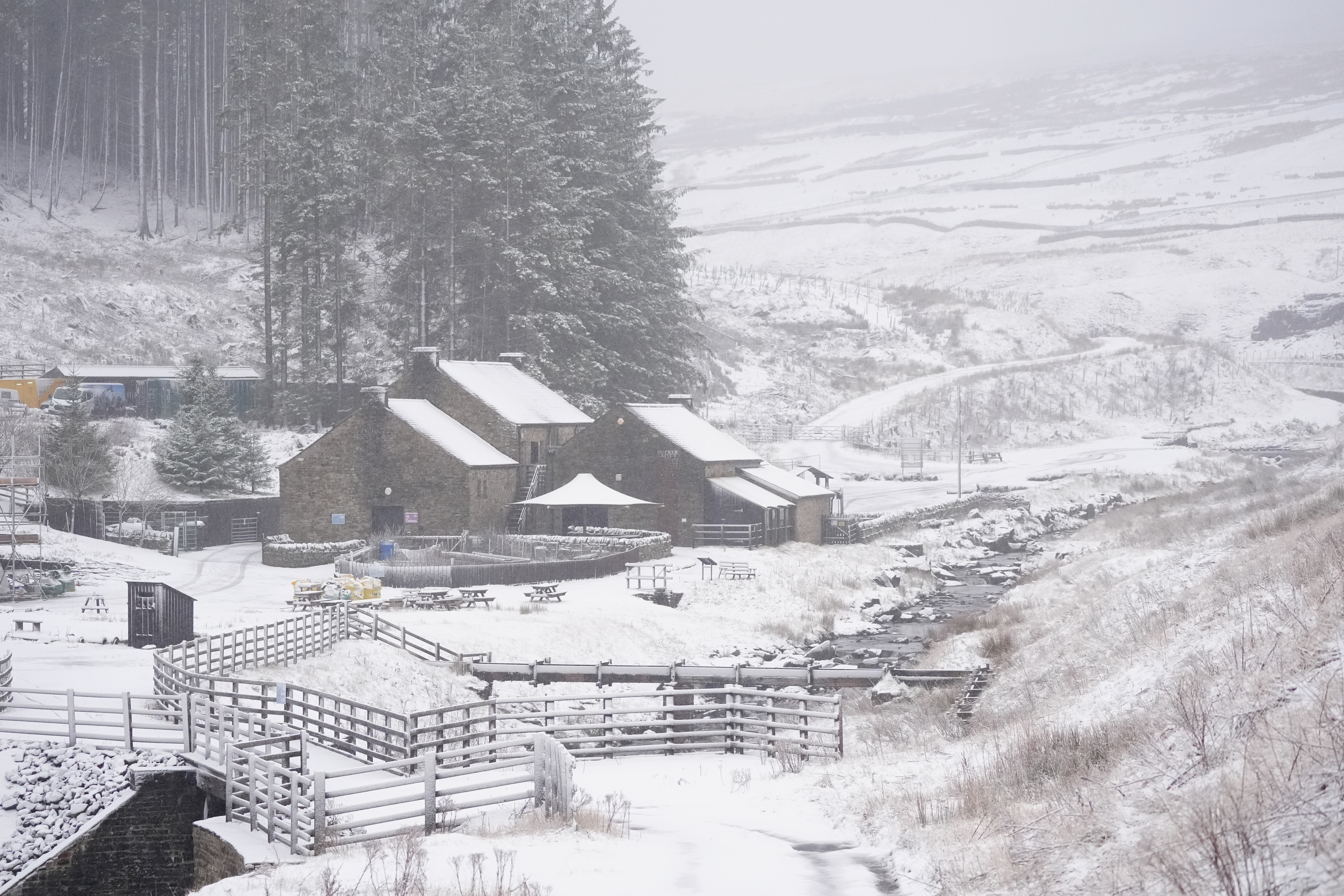 Snow-covered Killhope Lead Mining Museum in County Durham.