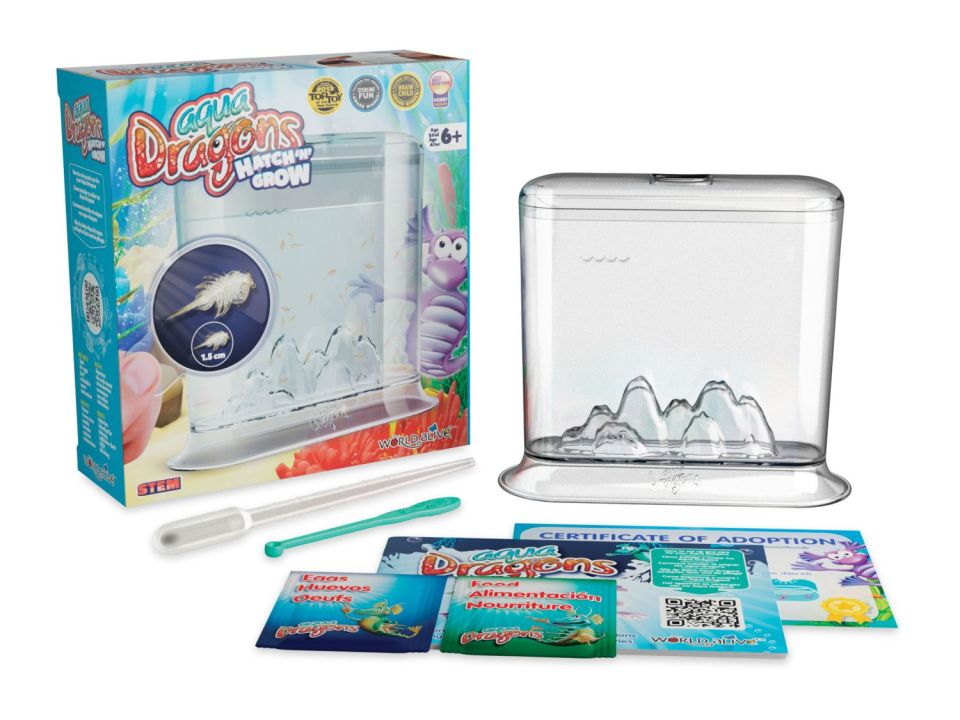 Aqua Dragons Hatch & Grow kit with tank, food, and adoption certificate.