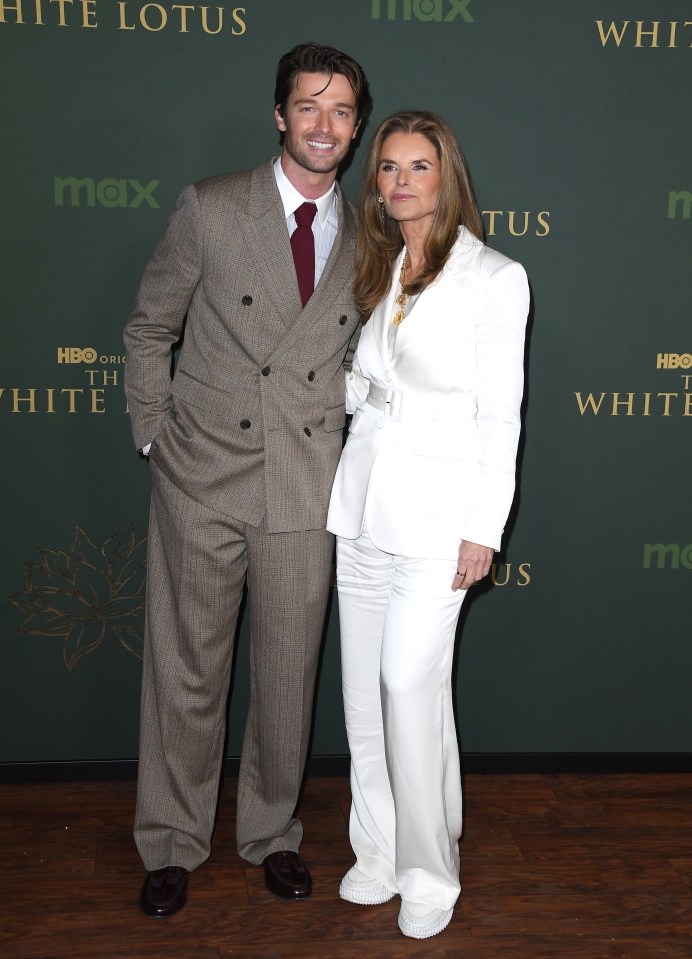 Patrick Schwarzenegger and Maria Shriver at the premiere of "The White Lotus" season 3.