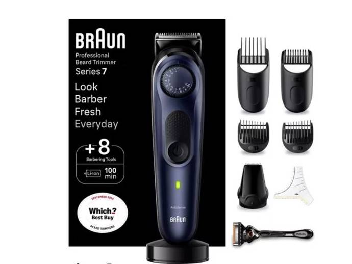 Braun Series 7 professional beard trimmer with eight barbering tools.