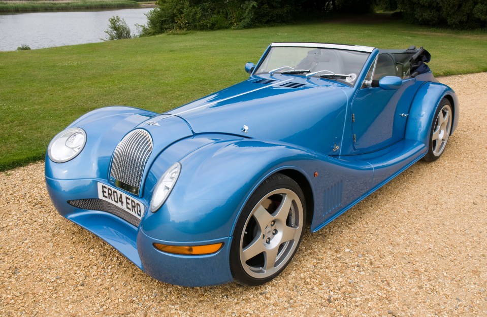 Blue 2004 Morgan Aero 8 sports car.