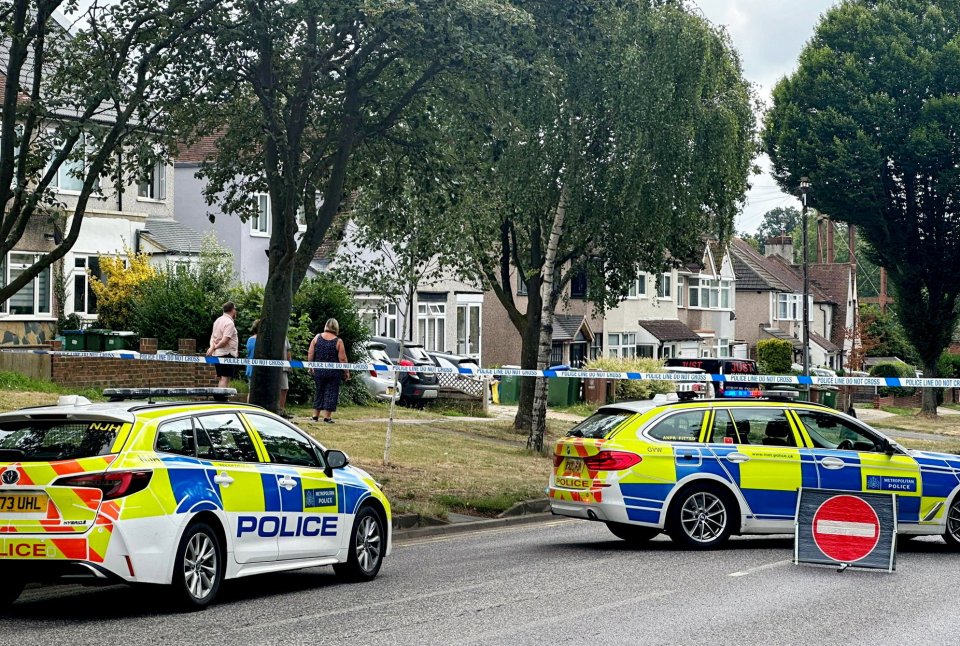 Police cars at a residential street scene with police tape.