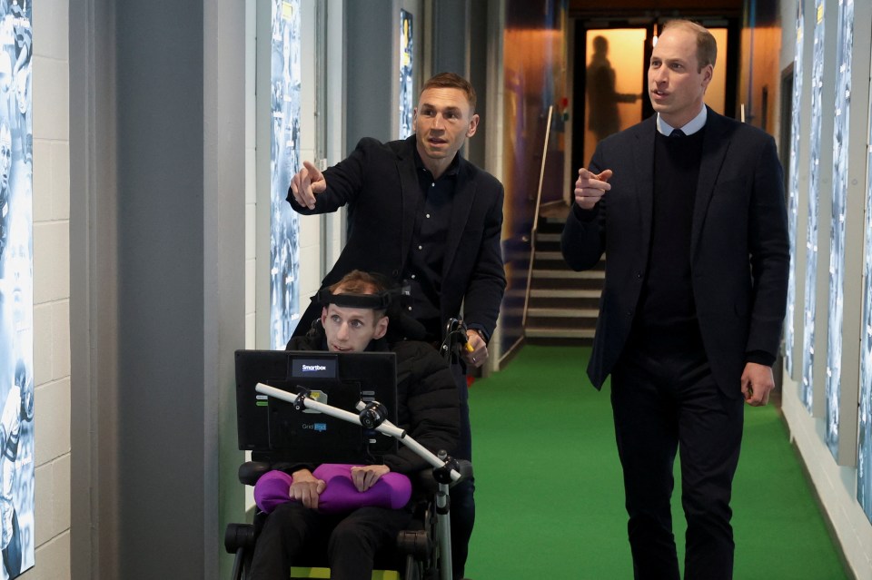 Prince William with Rob Burrow and Kevin Sinfield at Headingley Stadium.