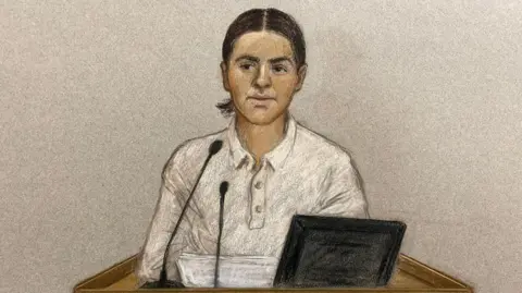 Julia Quenzler A court sketch of Sam Kerr, who is wearing a white shirt and her hair is in a ponytail. 