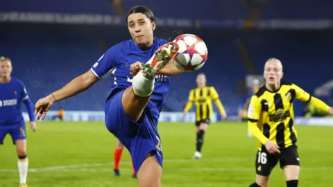 Reuters Chelsea's Sam Kerr kicks a football during a Women's Champions League match between Chelsea and BK Hacken.