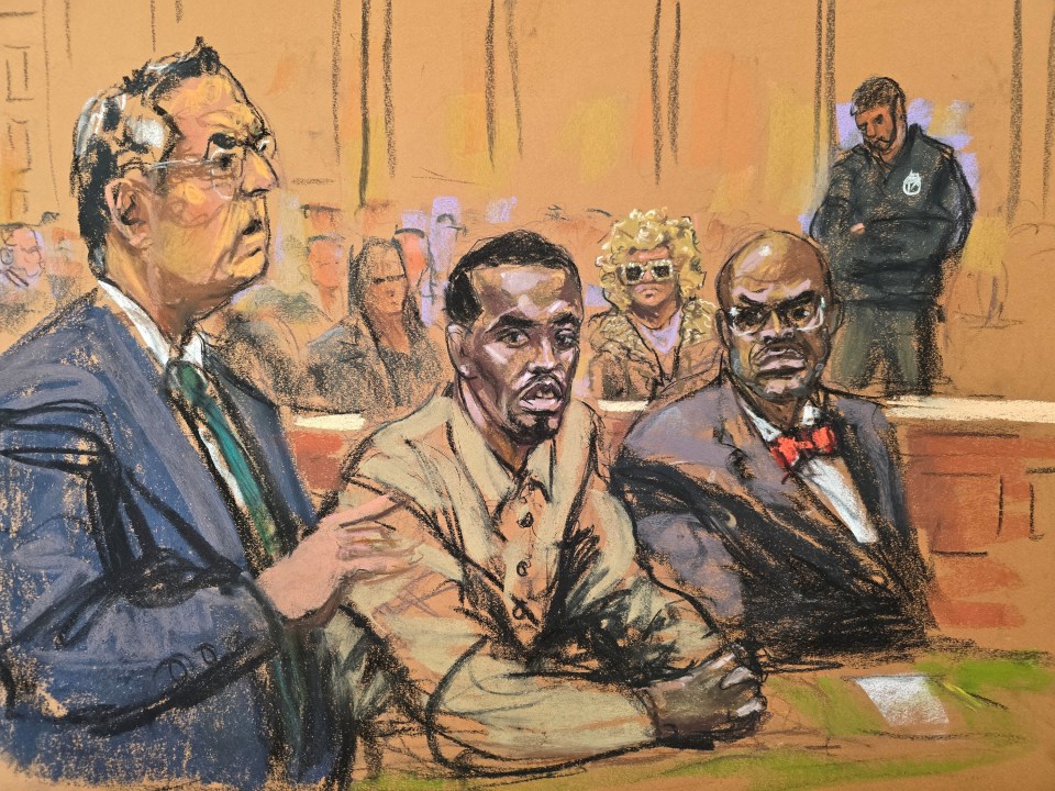 Courtroom sketch of three defendants and a lawyer.