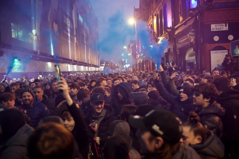 LIVERPOOL, ENGLAND - FEBRUARY 12: General view outside the stadium as fans of Everton are seen holding blue flares prior to the Premier League match between Everton FC and Liverpool FC at Goodison Park on February 12, 2025 in Liverpool, England. (Photo by Carl Recine/Getty Images)