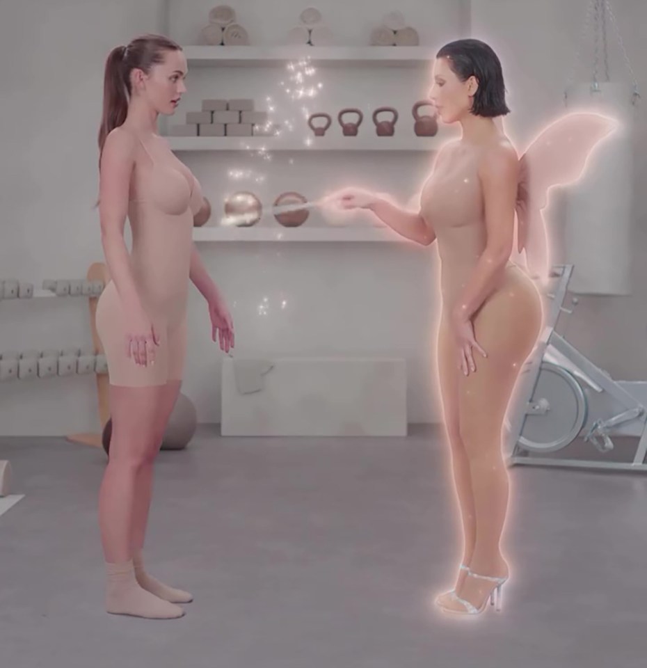 Illustration of Kim Kardashian as a fairy granting a wish to a woman in a gym.