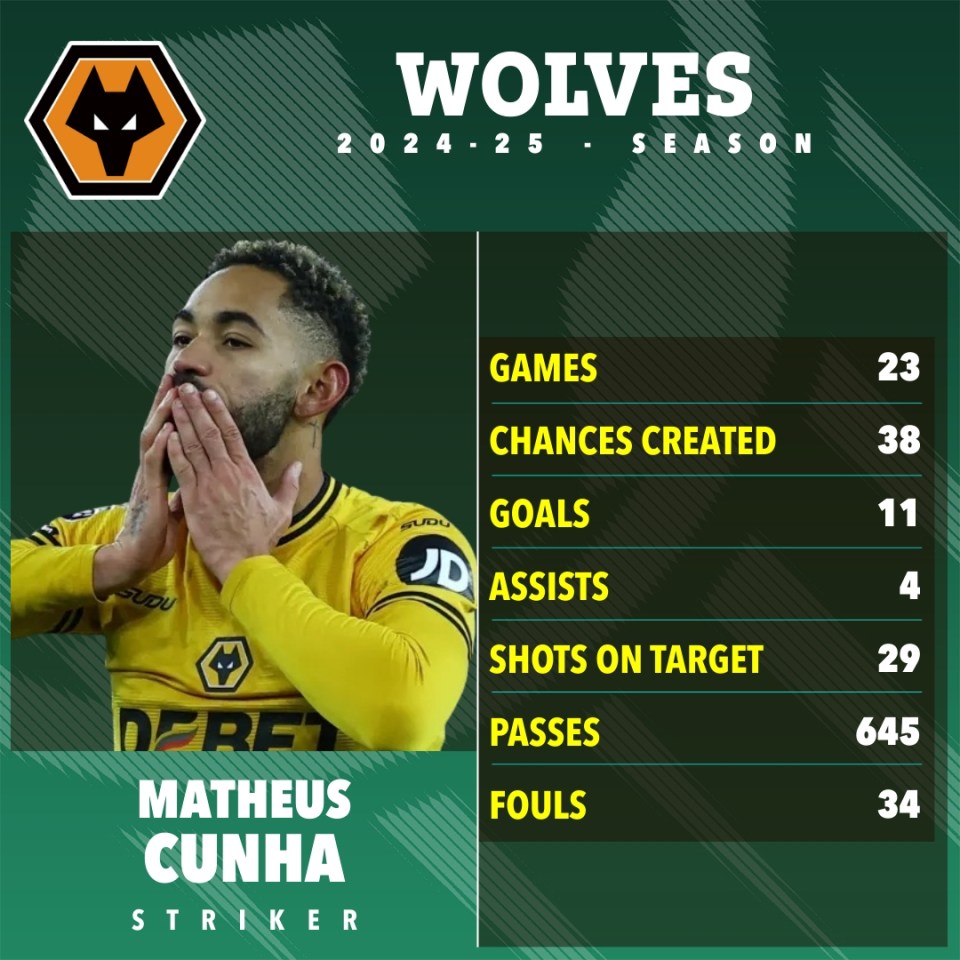 Matheus Cunha's 2024-25 Wolves season statistics.