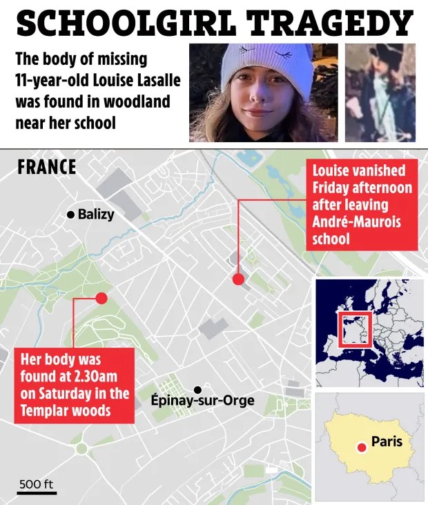 Map showing the location where the body of 11-year-old Louise Lasalle was found in Épinay-sur-Orge, France, near her school.