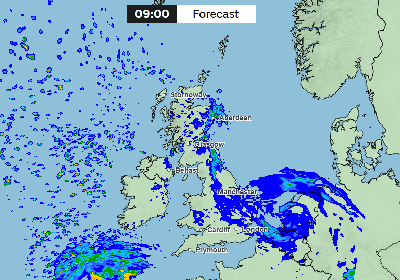 Map of Britain showing rainfall forecast.