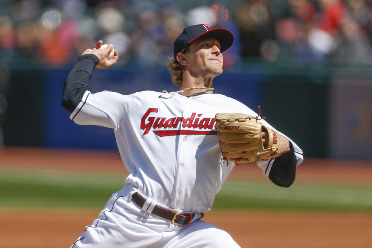 Zach Plesac delivers during a game between the Cleveland Guardians and Seattle Mariners on April 9.