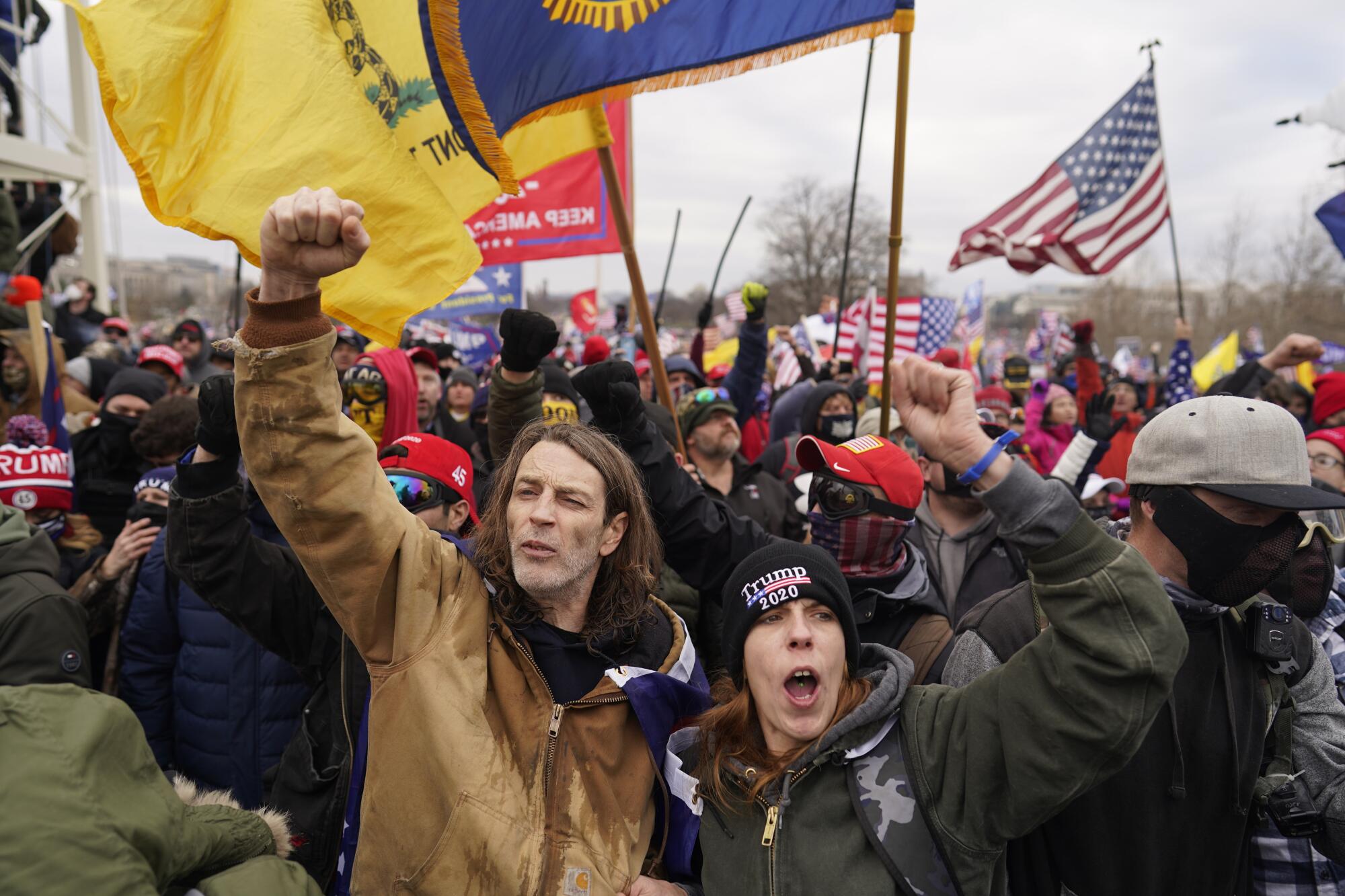 Two protesters raise their fists before a crowd, many carrying flags