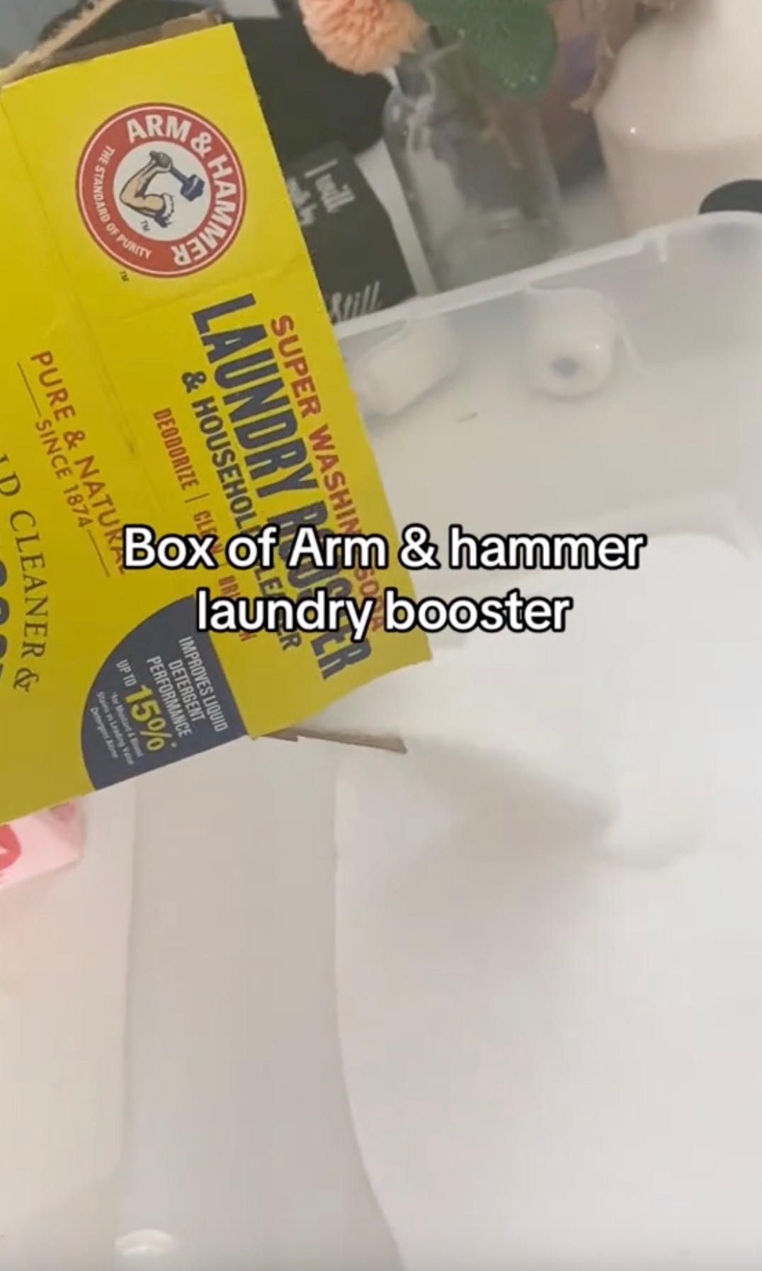 Next up she dumped some Arm and Hammer laundry booster in the DIY detergent