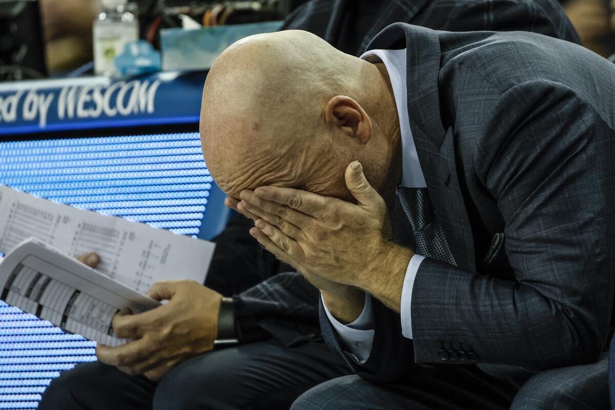 UCLA coach Mick Cronin shows his frustration during a game against St. Francis at Pauley Pavilion in November.