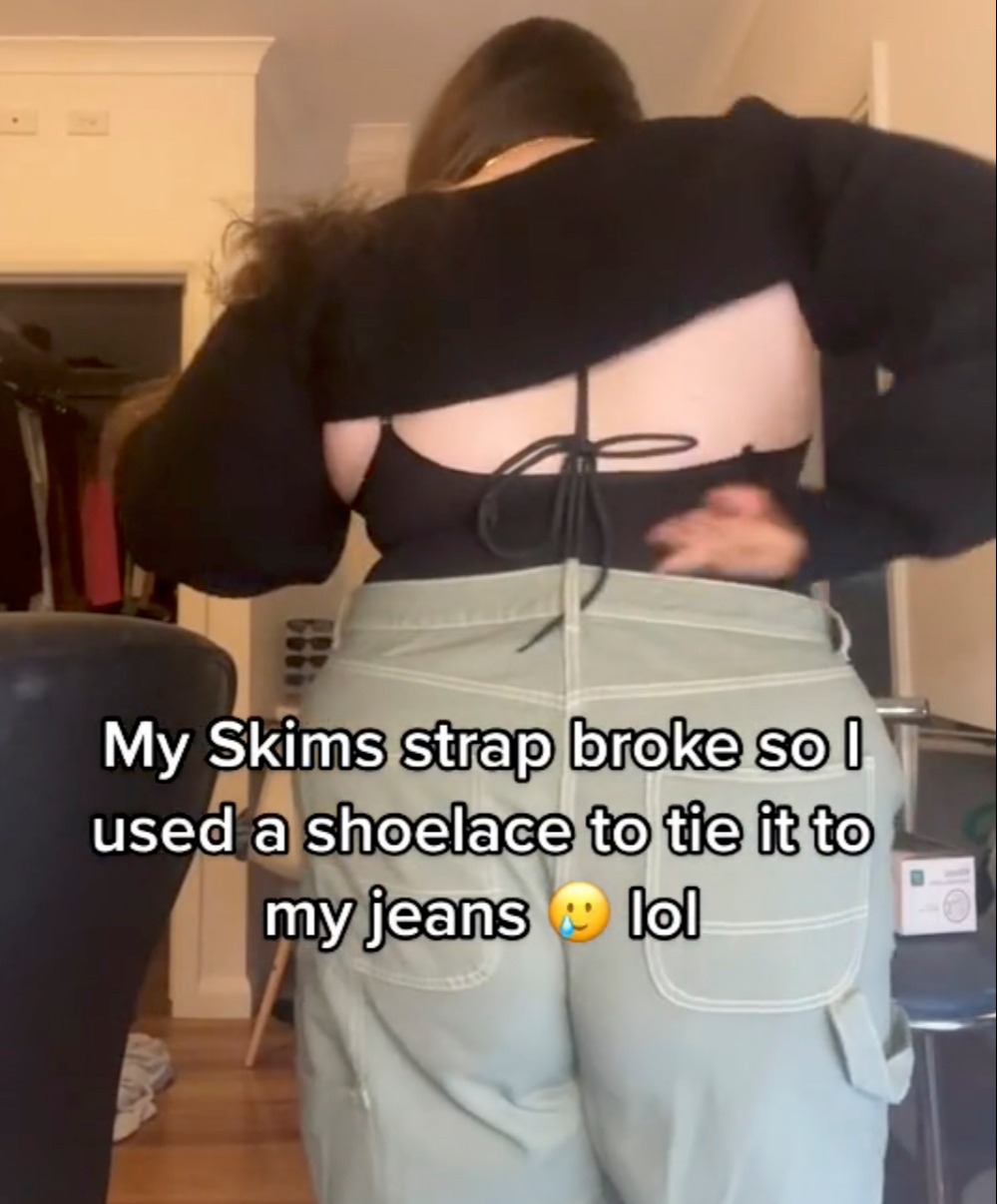 She had to do some DIY and used a shoelace to tie the bodysuit to her jeans