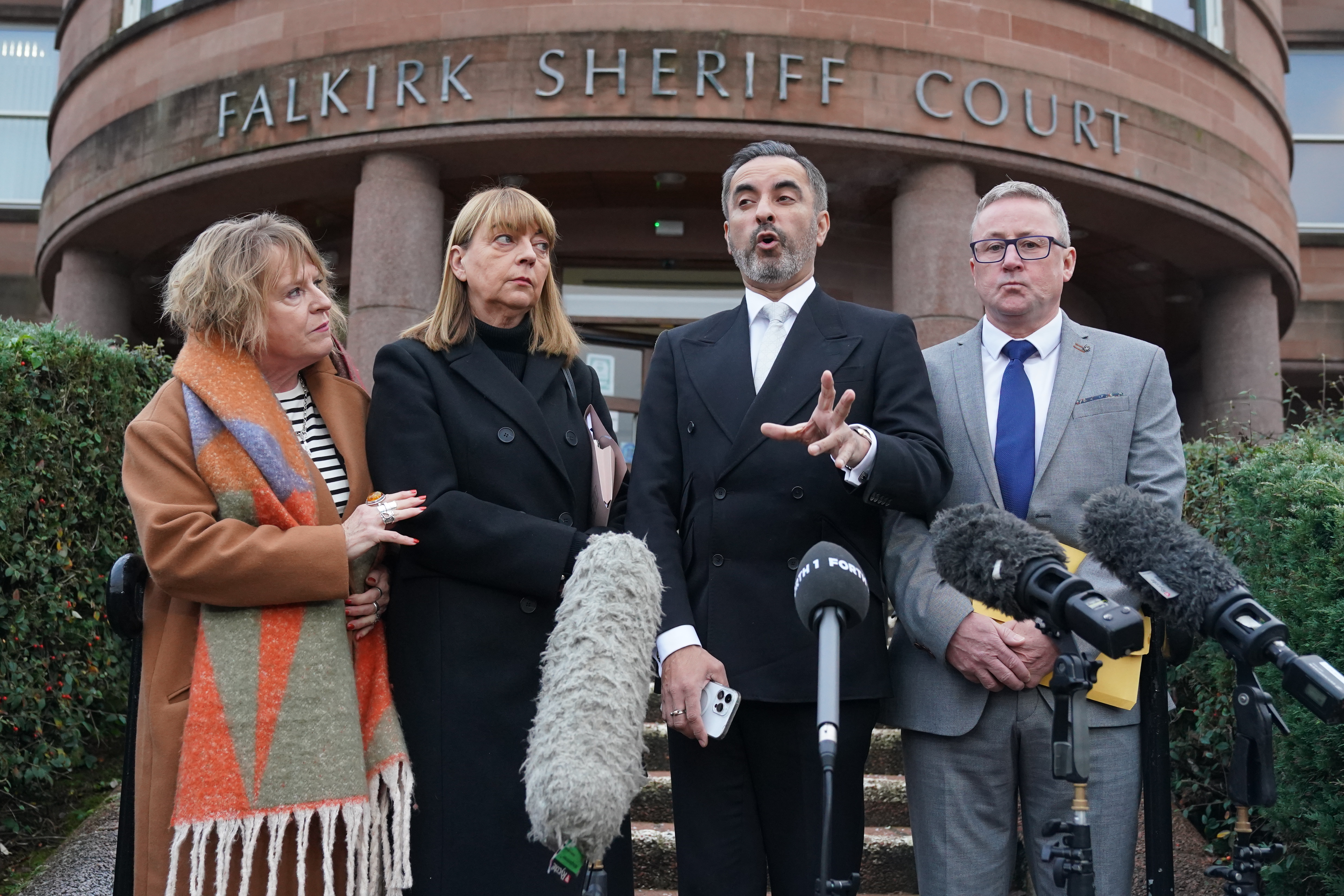 Solicitor Aamer Anwar (2nd right) with Deborah Coles, executive director of bereavement charity Inquest (left) and Linda Allan (2nd left) and Stuart Allan (right), the parents of Katie Allan