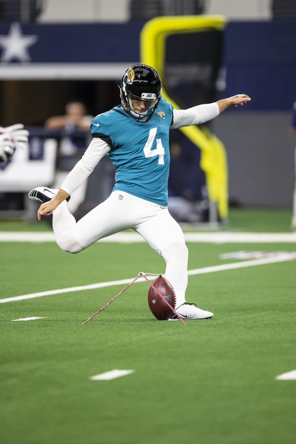 Josh Lambo warms up before a preseason game between the Jacksonville Jaguars and Dallas Cowboys in August 2021.
