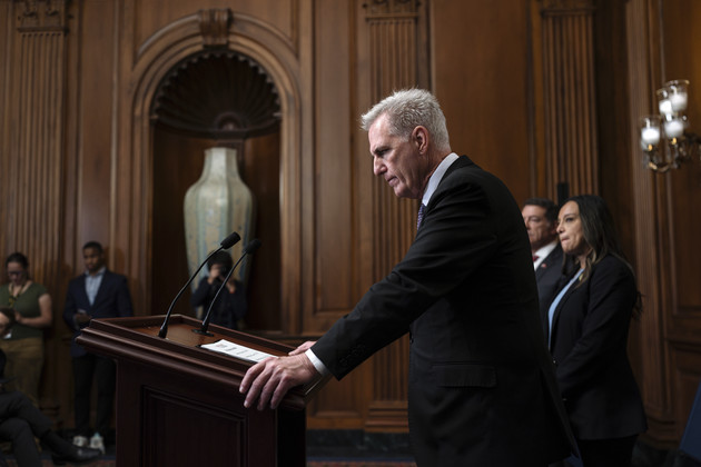 Kevin McCarthy addresses reporters at the Capitol in Washington.