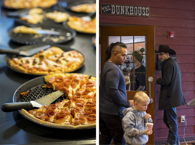 Pizzas on a buffet, left, and patrons at a Pizza Ranch restaurant in Storm Lake, Iowa where Presidential Candidate Vivek Ramaswamy is having a town hall meeting.