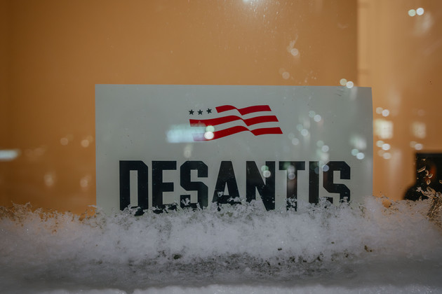 A campaign sign for Republican presidential candidate Ron DeSantis.