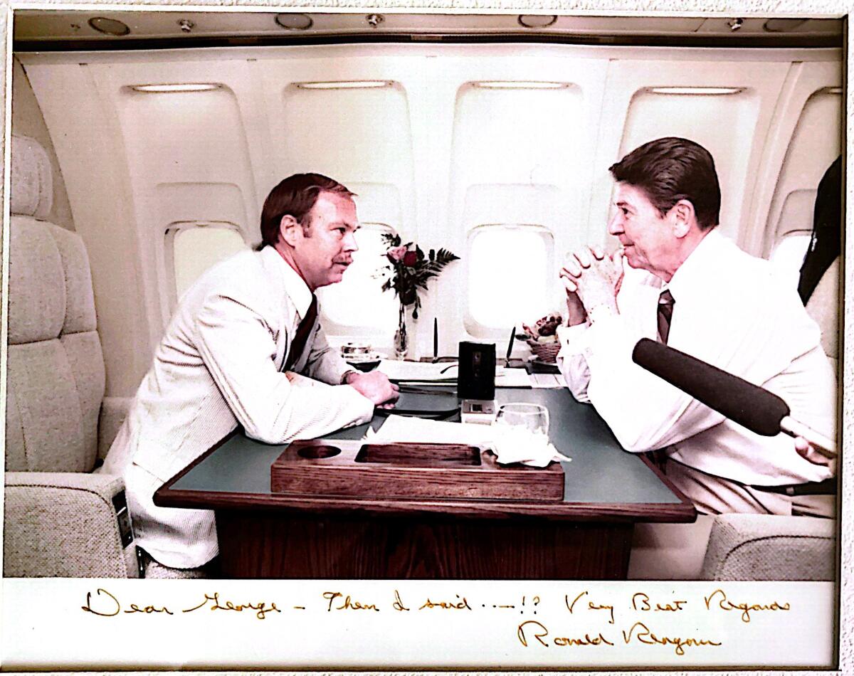 Los Angeles Times journalist George Skelton interviewing then-President Ronald Reagan on Air Force One in 1983.