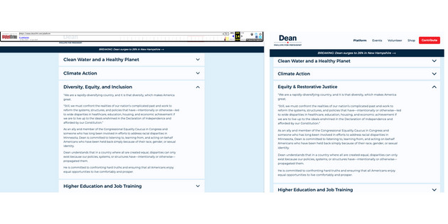 The before and after shots of the platform page on Dean Phillips' campaign website.