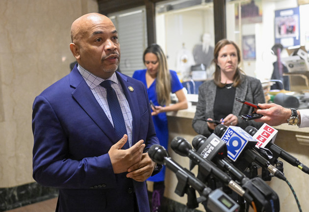 Assembly Speaker Carl Heastie, D-Bronx, speaks with reporters.