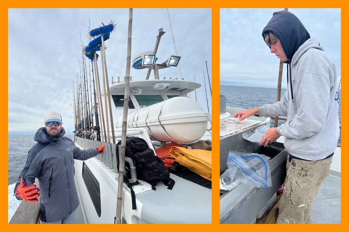 Two side-by-side photos of men on a fishing boat