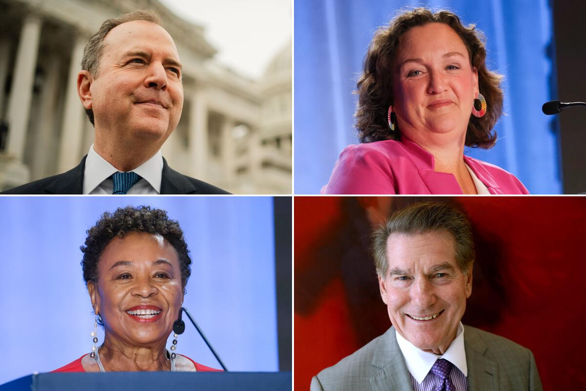 Mugshots of Rep. Adam Schiff, Rep. Katie Porter, former L.A. Dodger Steve Garvey and Rep. Barbara Lee.