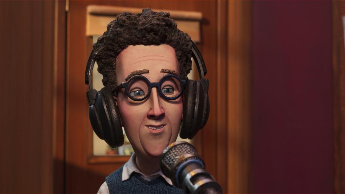 A cartoon of a nerdy radio host at a microphone with headphones on.