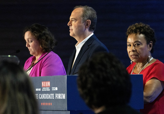 Rep. Adam Schiff, flanked by Reps. Katie Porter and Barbara Lee, during a U.S. Senate Candidate Forum in Los Angeles.