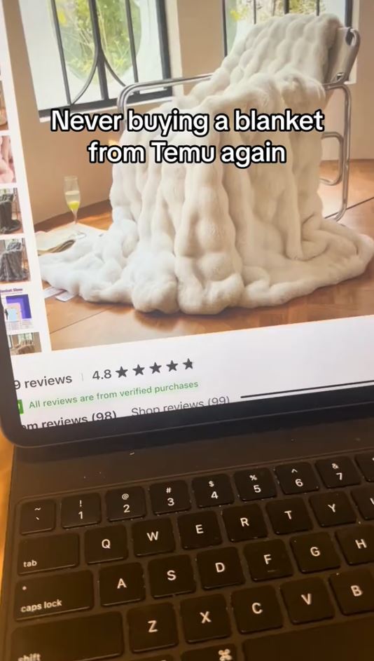 He showed off the blanket he paid for and was expecting