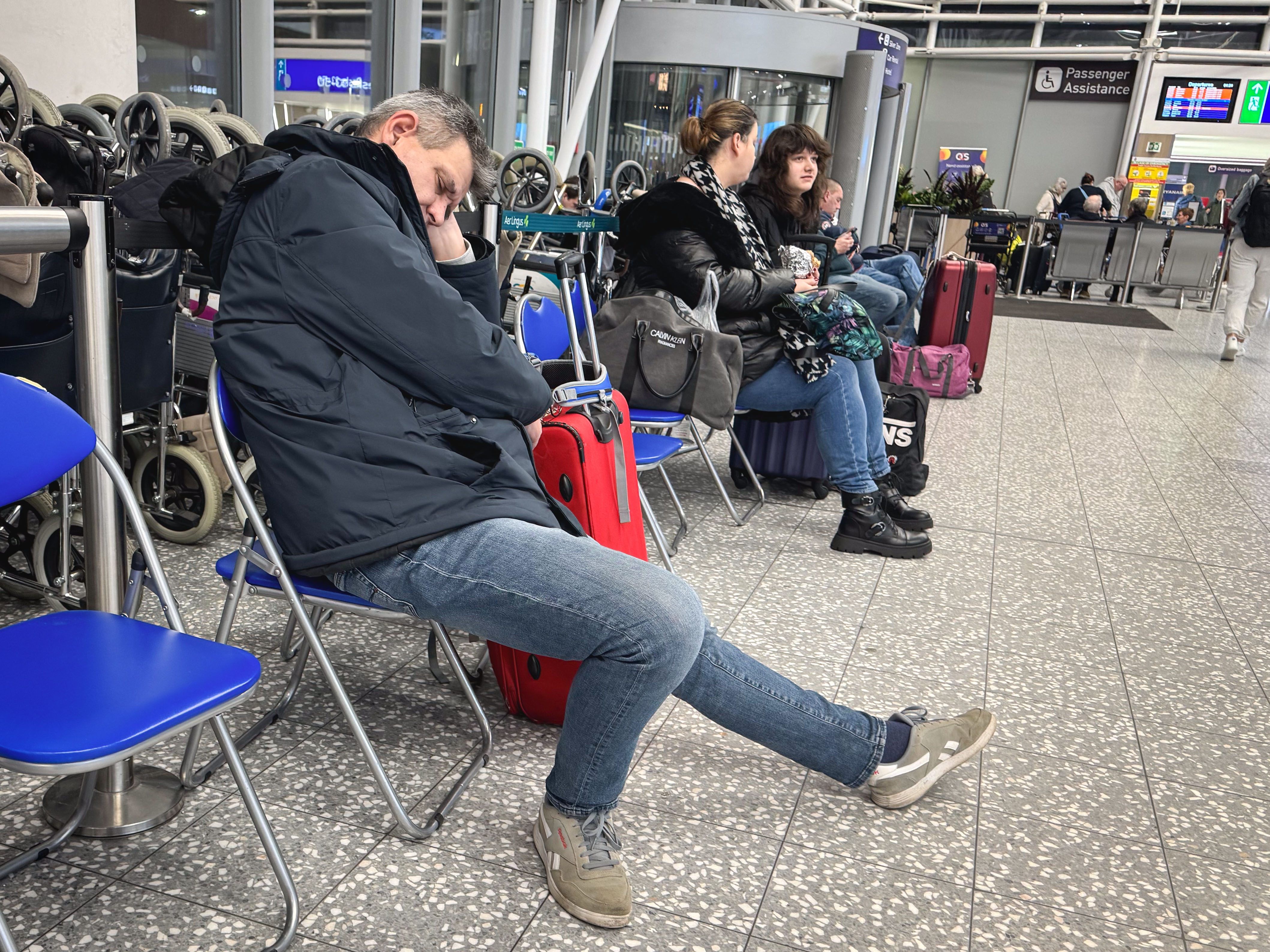 Delayed passengers at Bristol Airport this morning