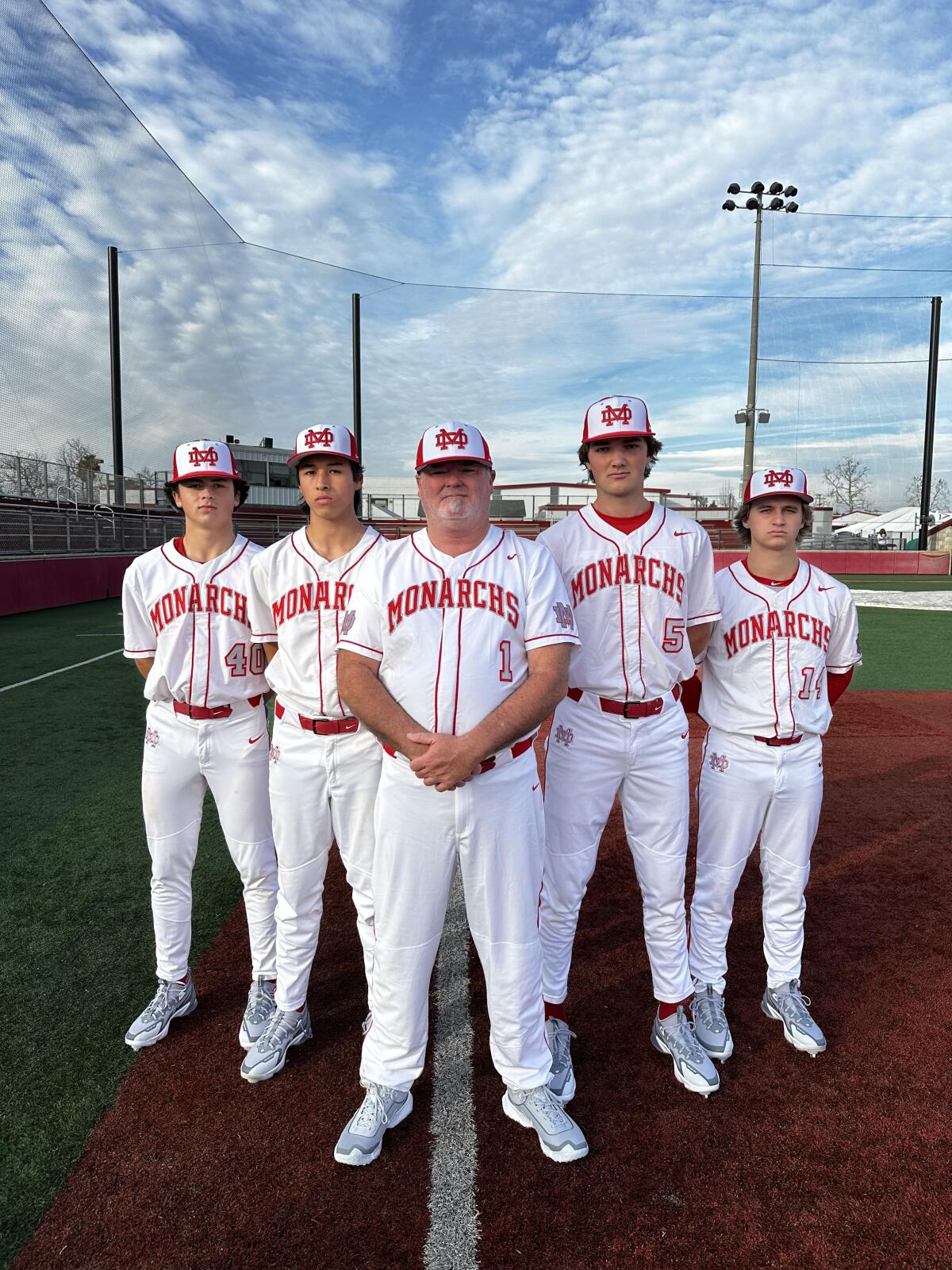 Mater Dei top pitchers (left) Kai Bratton, Wylan Moss, Ryan Iveson and Landon Gordon with pitching coach Duane Page.