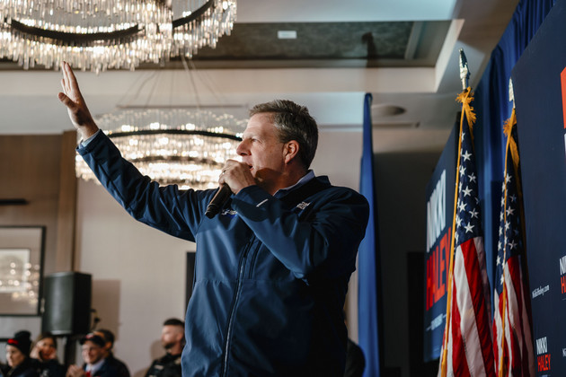 New Hampshire Governor Chris Sununu introduces Republican presidential candidate Nikki Haley (not pictured).